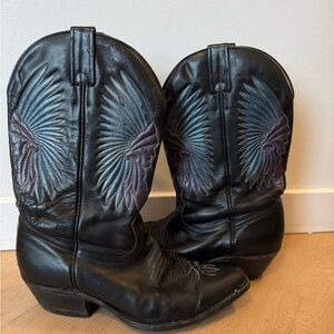 Boulet Black Leather Cowboy Boots with Embroidered details